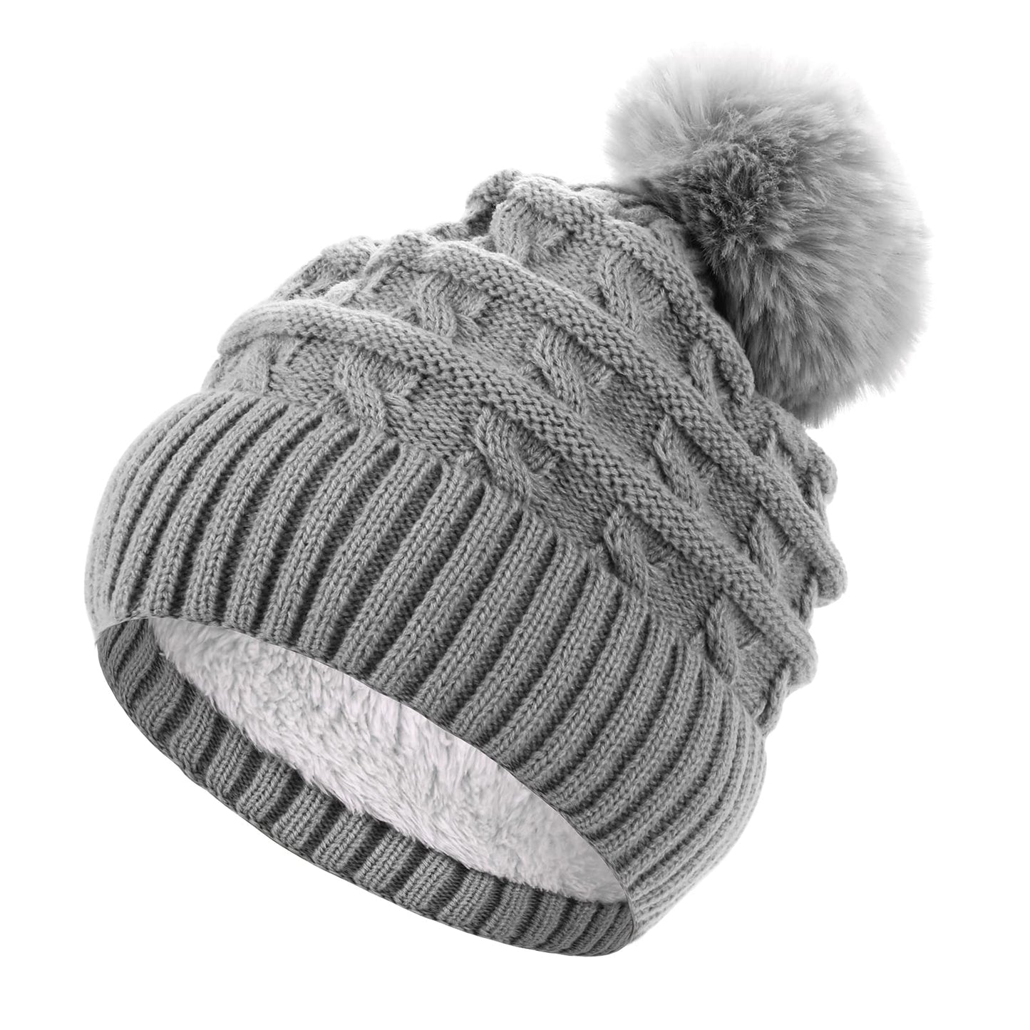 Sibba Bobble Hat for Women Winter Beanie Hats Thermal Fleece Lined Hat Ladies Knitted Wooly Hats with Faux Fur Pom Pom (Grey)