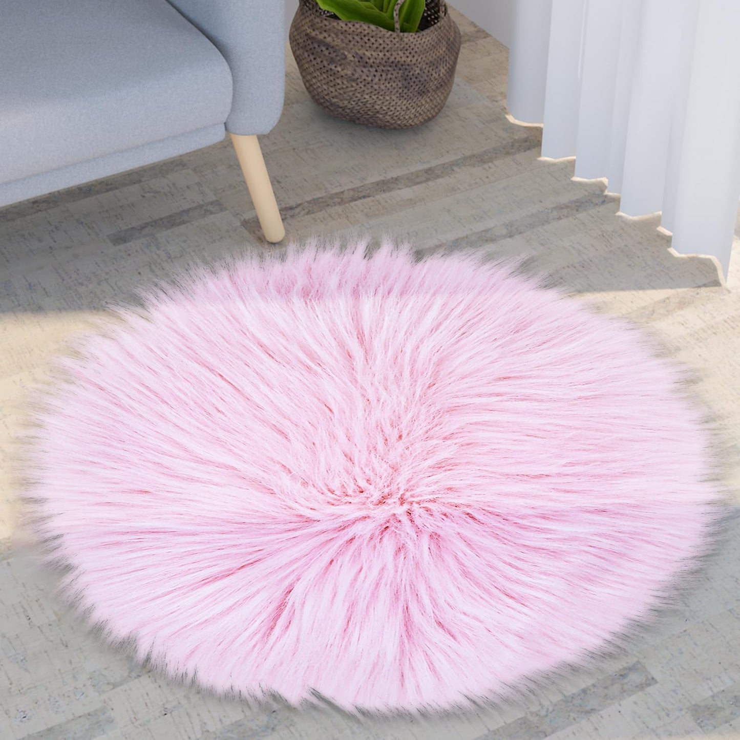 Sibba Bedroom Area Rug Fluffy Faux Fur Fuzzy Long Fireplace Hide Round Carpet Chair Cover Cushion Pad Plush Washable Table Cover Home Kitchen Decorative(13 Inch,Pink)
