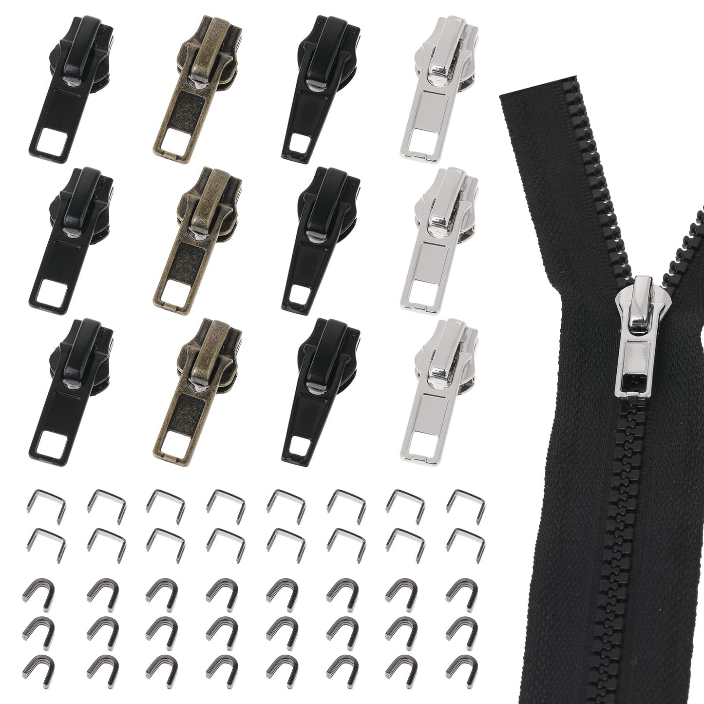 574298_1 52 Pcs Zipper Repair Kit Universal Zip Pull Replacement Sliders with Top Bottom Stops Metal Zipper Repairer for Coats Jackets Backpack Hoodie Repairing Metal Plastic Nylon Coil Zippers