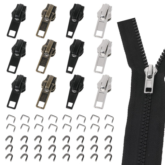 574298_1 52 Pcs Zipper Repair Kit Universal Zip Pull Replacement Sliders with Top Bottom Stops Metal Zipper Repairer for Coats Jackets Backpack Hoodie Repairing Metal Plastic Nylon Coil Zippers
