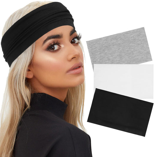 COMNICO Wide Headbands for Women Girls, 3 Pcs Plain Turban Headband Boho Head Bands Elastic Turban Thick Head Wraps Knot Hair Scarf Non Slip Hair Accessories for Women Sports