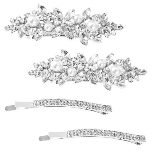 Sibba Hair Clip Barrettes 4 PCS Rhinestone Pearl Hairpin Prom Decorative Bridal Headpiece Crystal Pins Sparkly Jewelry Flower Pieces Brides Bridesmaid Ponytail Holder Formal Wedding Women