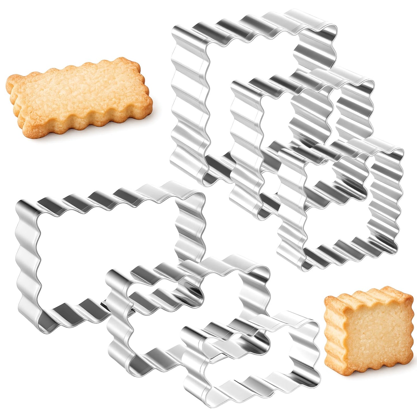 Qianyu 6 Pcs Scalloped Cookie Cutter Set, Stainless Steel Square Rectangle Biscuit Molds with Fluted Jagged Edge Assorted Sizes Geometric Frame Plaque Fondant Cake Fruit Vegetable Shapes Cutter