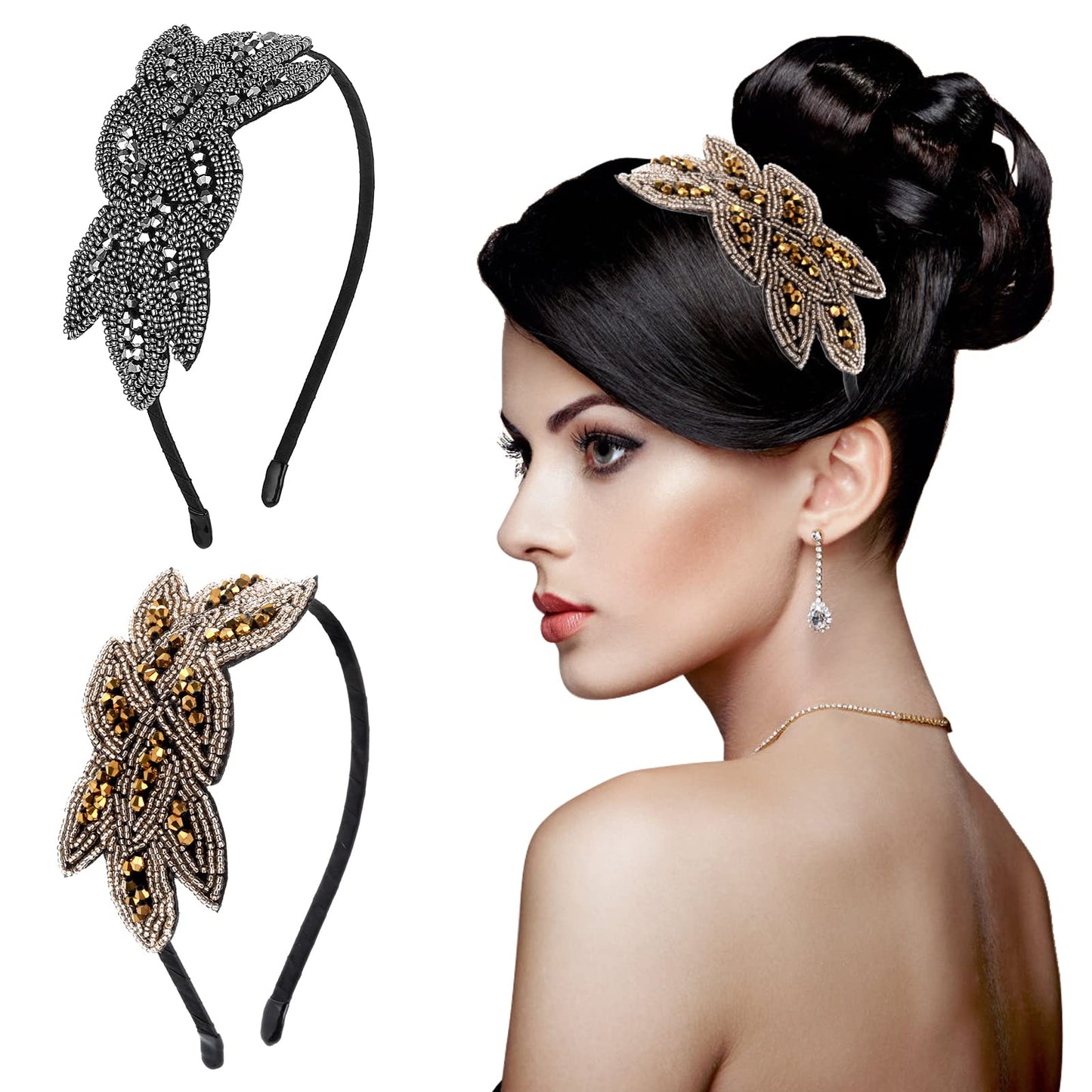 Sibba 2 Pcs Head Bands Women's Headbands 1920s Hair Accessories Gold Rhinestones Black Silver Crystal Bridal Wedding Pins Lace Headpiece Jewelry Pieces Beaded Clip Easter Party Art Deco (grey/golden)