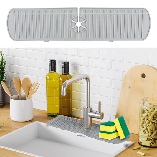 Sibba 24 Inch Multi-Purpose Sink Faucet Splash Guard Mat, Faucet Handle Drip Catcher Tray Sink Protectors, Silicone Sink Splash Catcher Mat for Kitchen, Bathroom & Countertop (Grey)