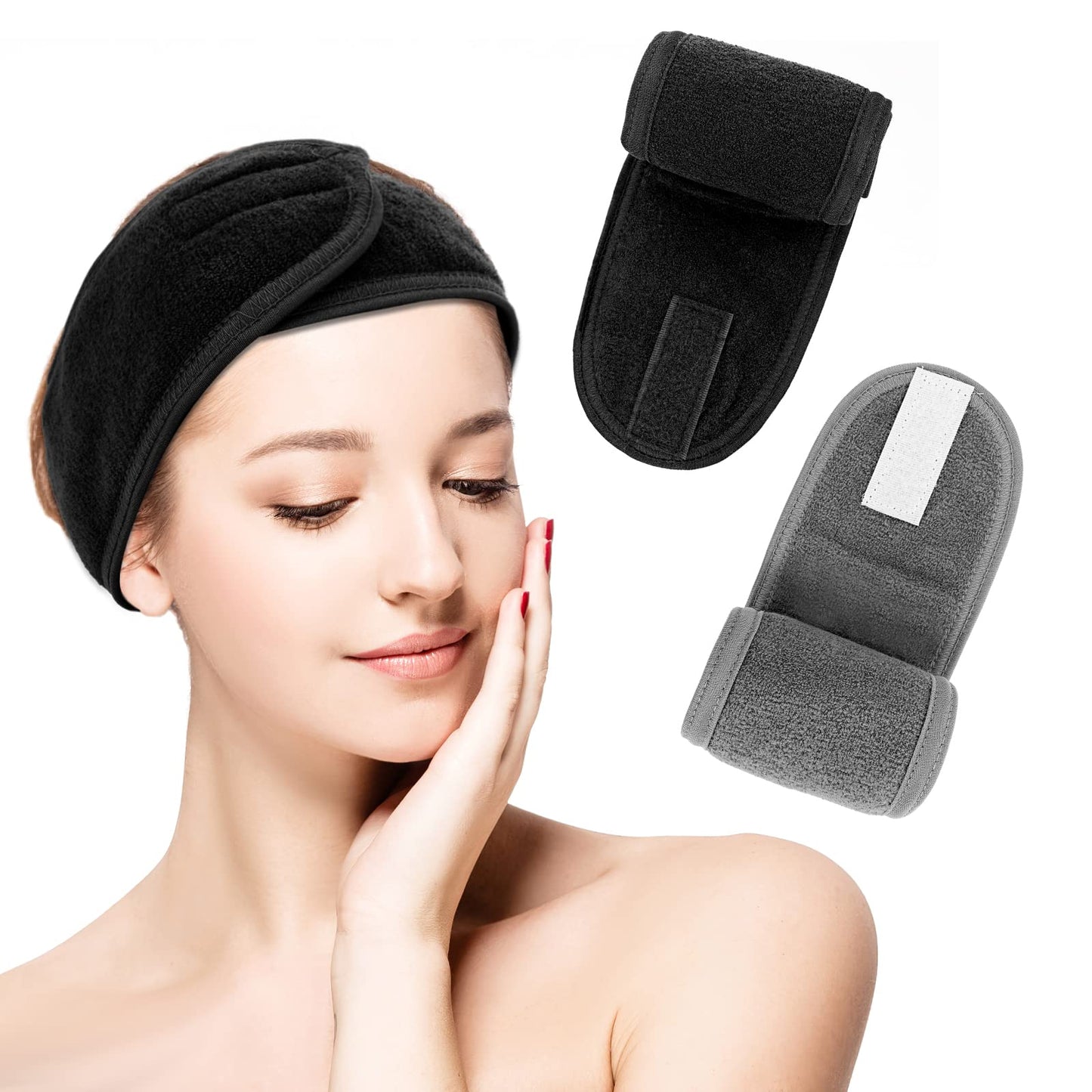 Sibba 2 Pack Spa Headband, Adjustable Headband for Face Wash Makeup Beauty, Facial Loop Yoga Headband Self-Adhesive Towel (Black&Grey)