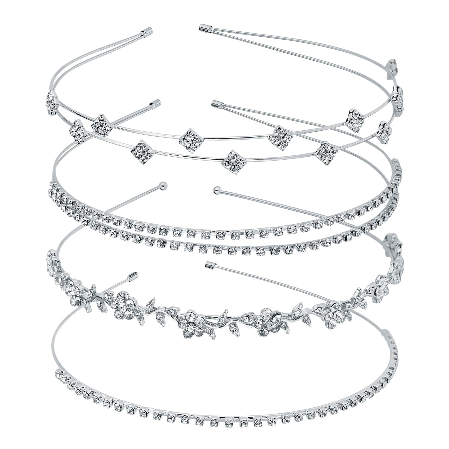 Wanmu 4Pcs Silver Rhinestone Headband, Bridal Wedding Headband, Crystal Flower Girl Leaves Crown Metal Hair Band Tiara, Wedding Tiara Hair Accessories for Women Girls Gifts