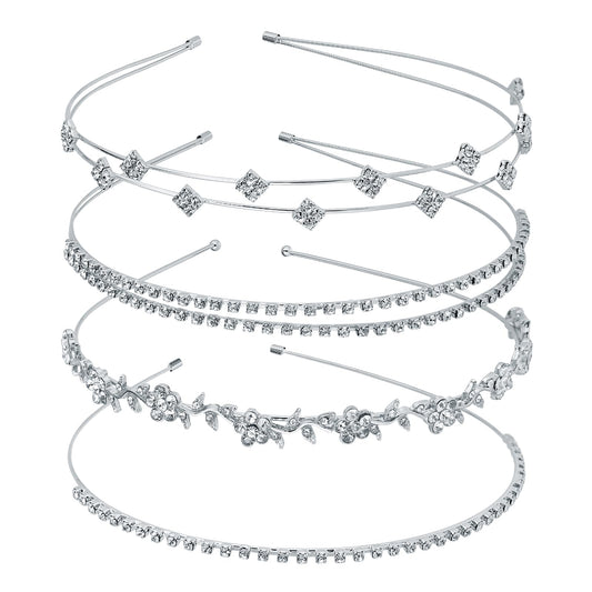 Wanmu 4Pcs Silver Rhinestone Headband, Bridal Wedding Headband, Crystal Flower Girl Leaves Crown Metal Hair Band Tiara, Wedding Tiara Hair Accessories for Women Girls Gifts