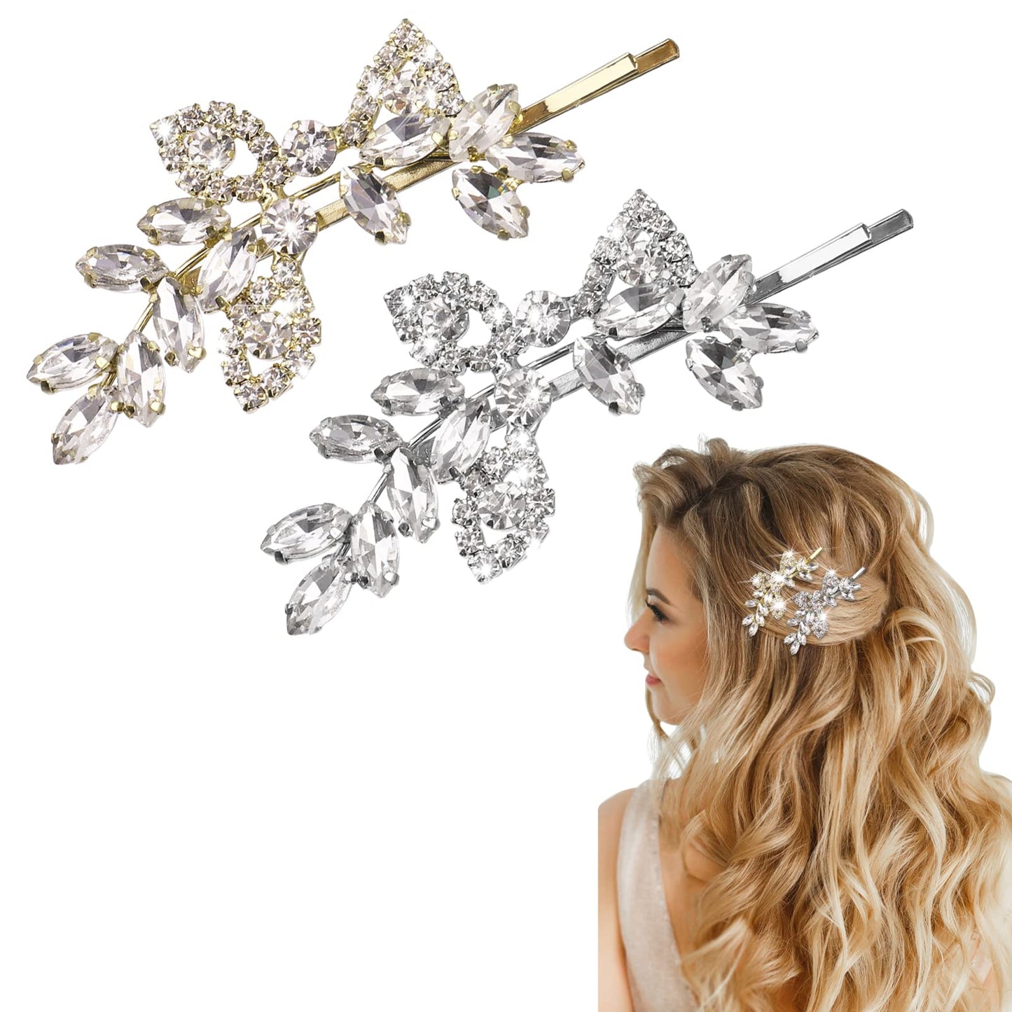 Sibba 2PCS Rhinestone Bridal Hair Clips Wedding Leaf Crystal Hair Pins Bridesmaid Elegant Silver Barrette Pearl Hair Accessories Decorations for Women and Girls