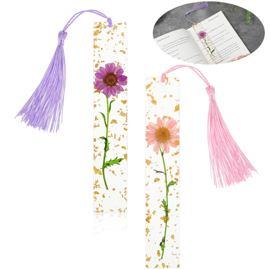 Dimeho 2 Pcs Daisy Bookmarks Resin Dried Flower Book Marks Clear Pressed Floral Book Marker with Tassels Cute Handmade Reading Marking Accessories Gift for Women Bookworms Book Lovers