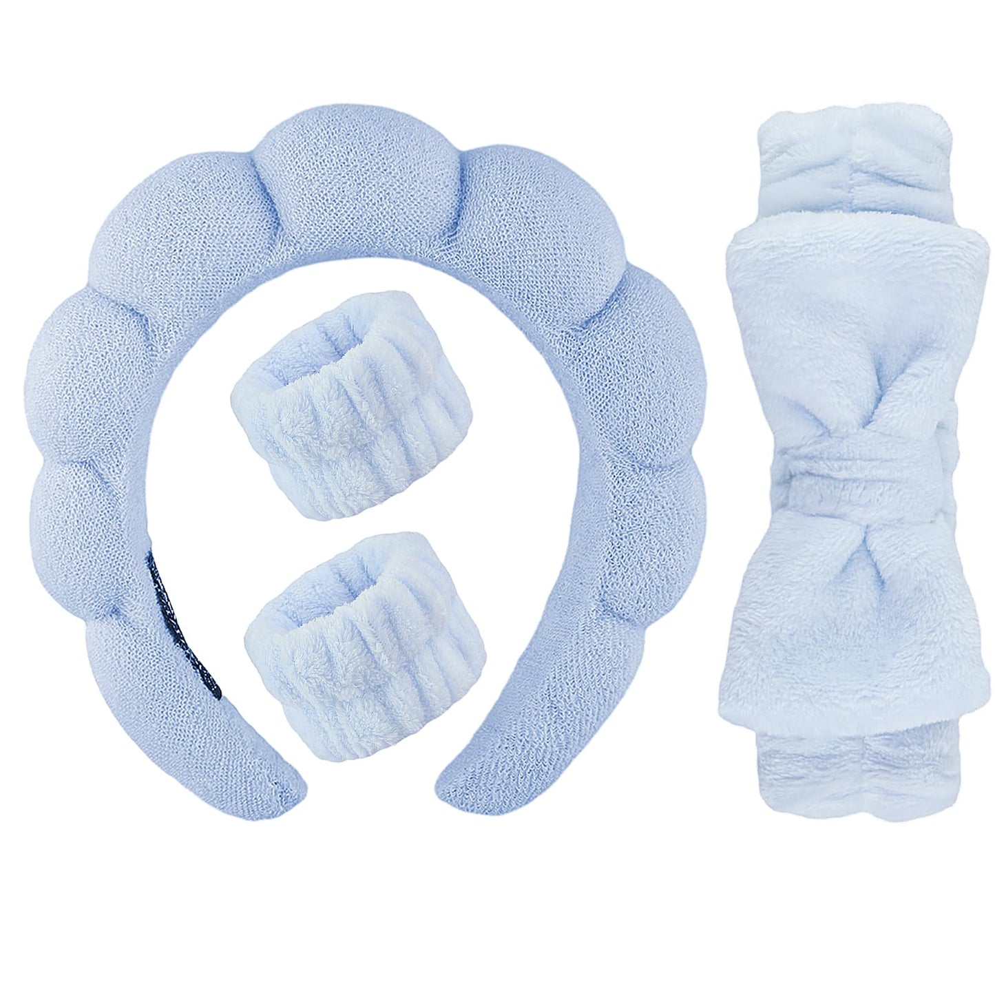 4 Pack Spa Headband for Washing Face, Skincare Headbands for Women, Terry Cloth Hairband for Makeup, Bubble Skincare Headband with Face Wash Wristbands, Soft Puffy Headband for Women Girl Gifts (Blue)