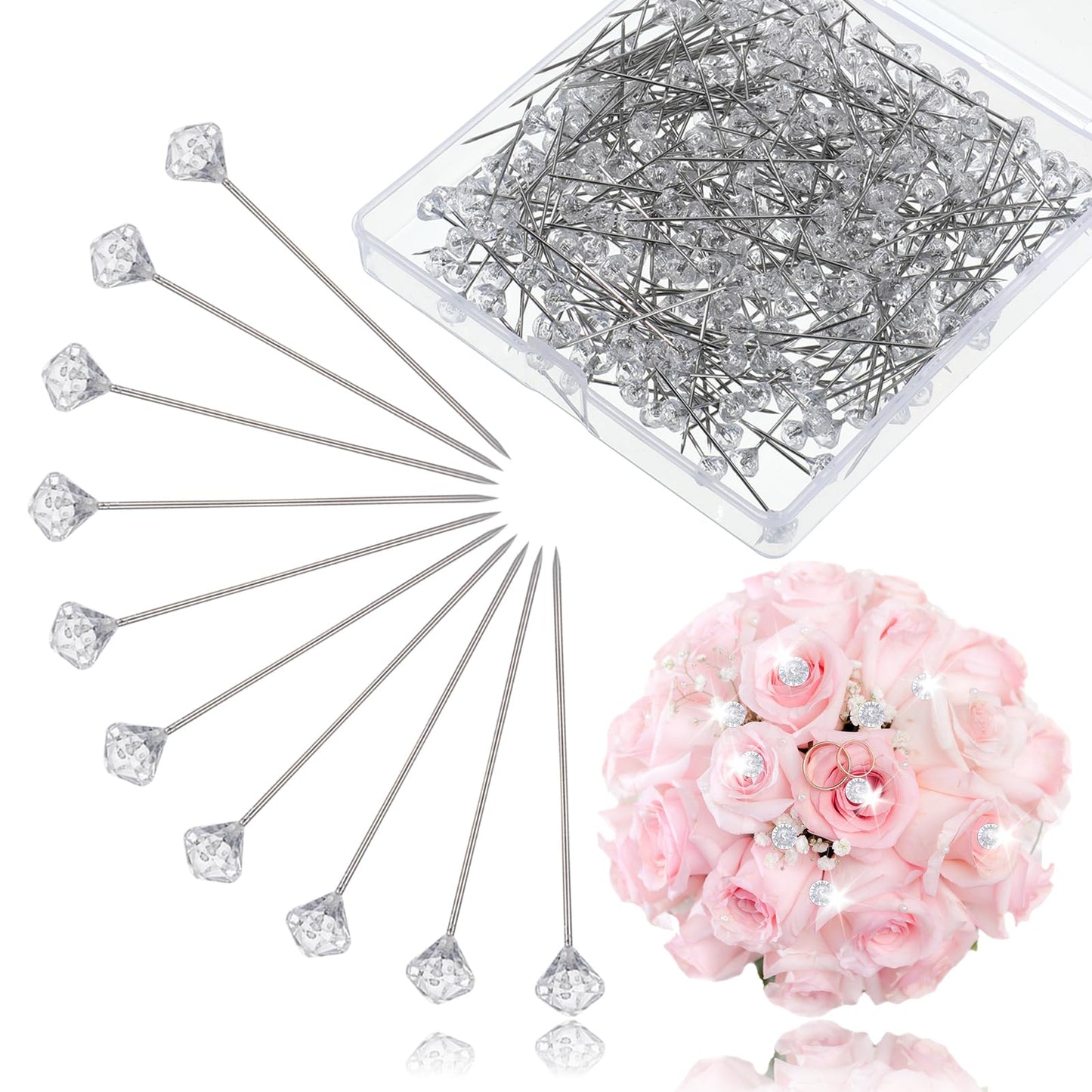 YBEATY 300 Pcs 1.5 Inch Corsage Boutonniere Pins with Crystal, Straight Head Clear Diamond Rhinestone Floral Flower Pins Elegant DIY Crafts Jewelry Sewing Decoration Accessories for Quilting Wedding