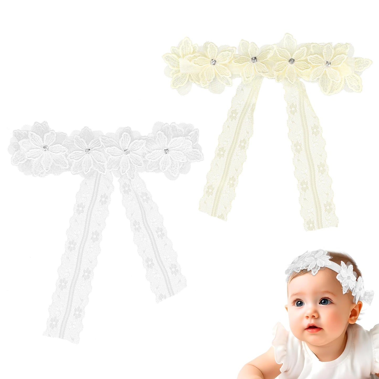 2PCS Baby Girls Bow Headband Lace Cute Bow-knot Hair Band Soft Lace Floral Elastic Hairbands Birthday Festival Party Head Wrap Accessories