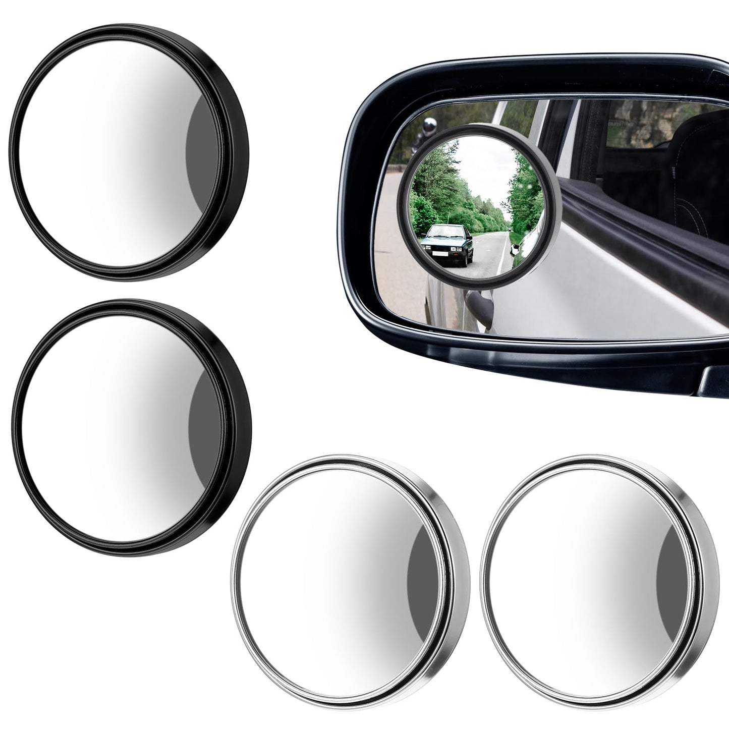 YBEATY 4 Pcs Blind Spot Car Mirrors Wide View Angle Glass Round Side Rear Adjustable Exterior Convex Accessories with ABS Housing Frame for Car SUV Trucks Motorcycles (Black + Silver)