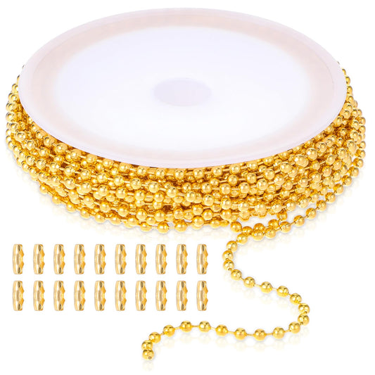 COMNICO 16.4ft Stainless Steel Ball Chain 2.4mm DIY Beaded Link Roll Jewelry Making Supplies with 20pcs Matching Connectors Clasps for Dog Tag Necklace Bracelets Keychain Craft (Gold)