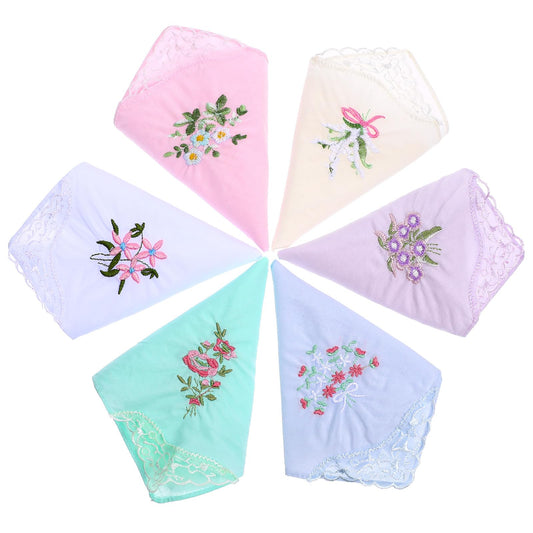 Wanmu Elected Hanky 6 Pcs Women's Cotton Floral Embroidered Handkerchiefs Ladies Hankies with Lace for Wedding Party