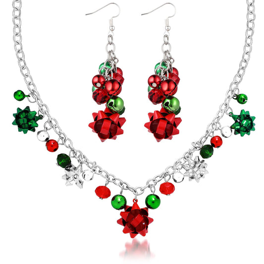 Sibba Christmas Necklace Earring Sets Xmas Jingle Bell Necklaces Earrings Bow Pendant Necklace Earring Festival Present for Women Girls (Silver)