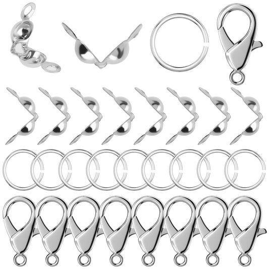 WLLHYF 450 Pieces Jewelry Making Accessories Set includes 200 Pieces Open Jump Ring Connectors 200 Pieces Bead Tips Knot Covers and 50 Pieces Lobster Claw Clasps