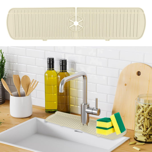 Sibba 24 Inch Multi-Purpose Sink Faucet Splash Guard Mat, Faucet Handle Drip Catcher Tray Sink Protectors, Silicone Sink Splash Catcher Mat for Kitchen, Bathroom & Countertop(Beige)