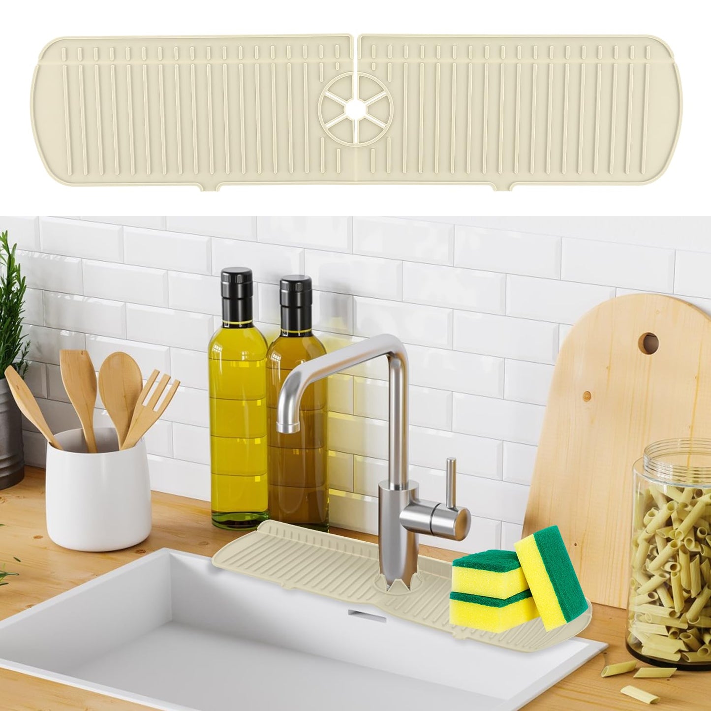 Sibba 24 Inch Multi-Purpose Sink Faucet Splash Guard Mat, Faucet Handle Drip Catcher Tray Sink Protectors, Silicone Sink Splash Catcher Mat for Kitchen, Bathroom & Countertop(Beige)