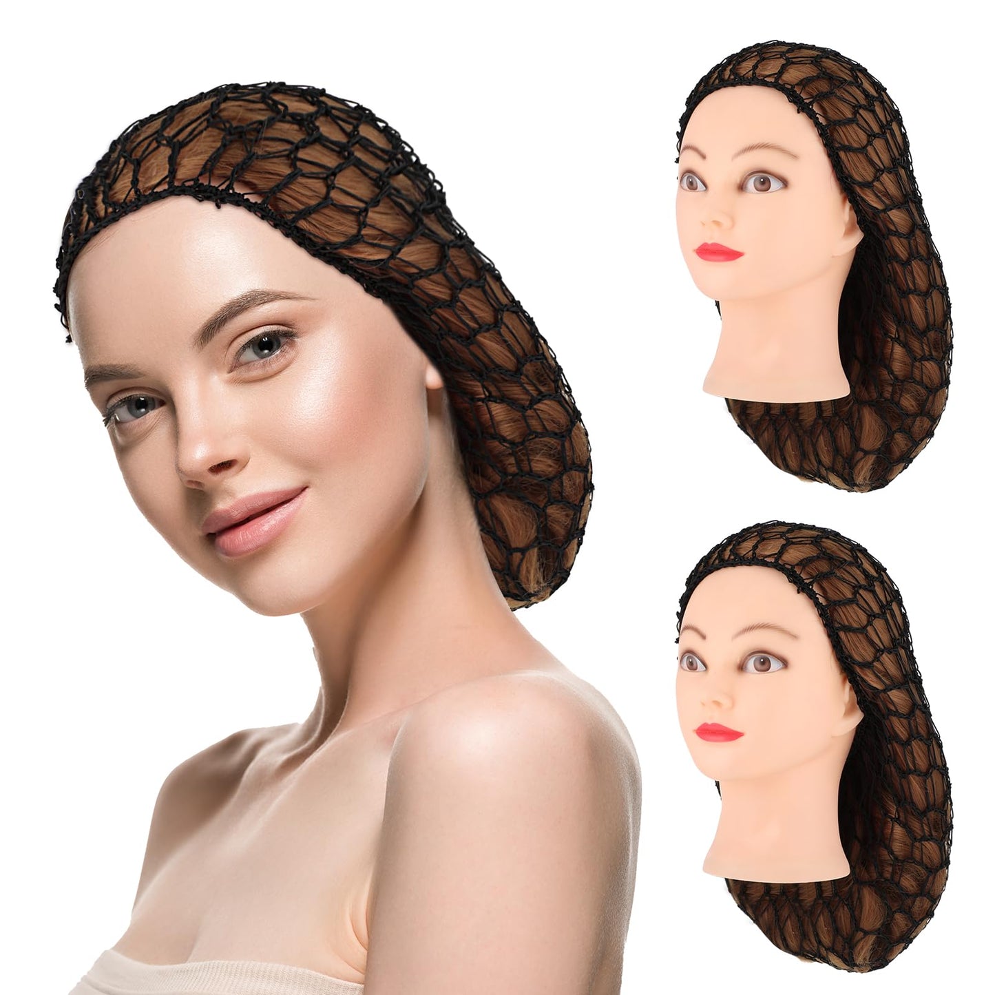 3Pcs Mesh Crochet Hair Net Rayon Knit Snoods Hats Wraps Sleep Cap Soft Hairnet Elastic Hair Nets Wrap Knit Cap Large Crocheted Hair Cover Sleeping Ornament Accessory for Women Long Curls Hair