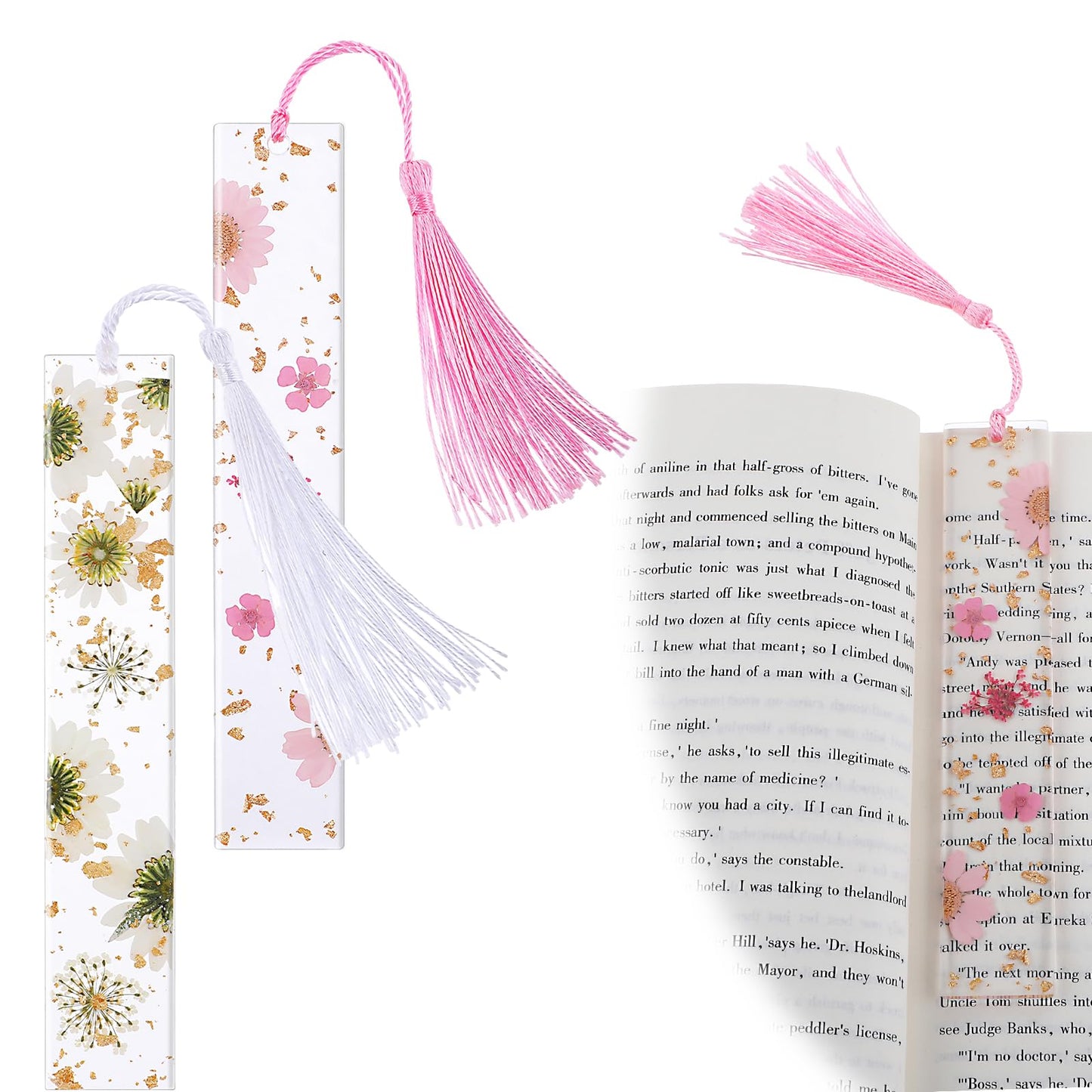 Dimeho 2 Pack Book Marks Tassels Dried Flower Bookmarks Clear Pressed Floral Book Markers Durable Handmade Cute Book Marking Accessories Gift for Students Bookworms Increase Reading Interest