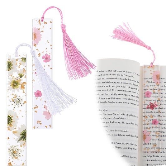 Dimeho 2 Pack Book Marks Tassels Dried Flower Bookmarks Clear Pressed Floral Book Markers Durable Handmade Cute Book Marking Accessories Gift for Students Bookworms Increase Reading Interest