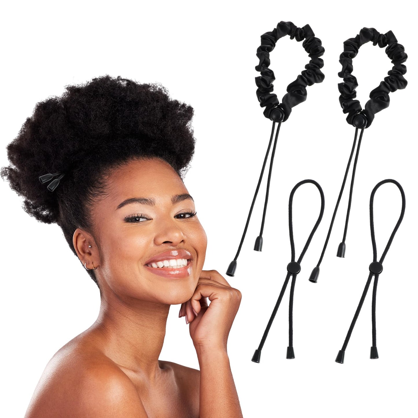 4 Pcs Adjustable Hair Scrunchies Elastic Ponytails Holder Tie Soft Satin Hair Ties Invisible Black Curly Loc Ties Long Style Puff Hairband Silk Hair Accessories for Thick Natural Hair Ponytails Locs
