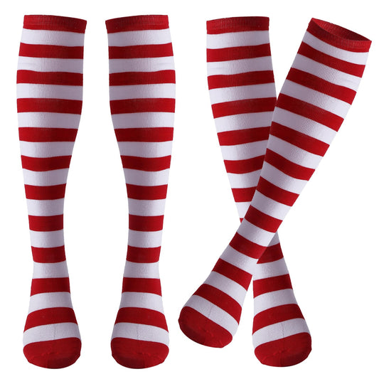 Sibba Christmas Tube Socks 2 Pairs Athletic Boots Slipper Merry Xmas Warm Stockings Novelty High Knee Tights Stockings Matching New Year Holiday Cheerful Novelty Hosiery Family Sets (Red Stripe)