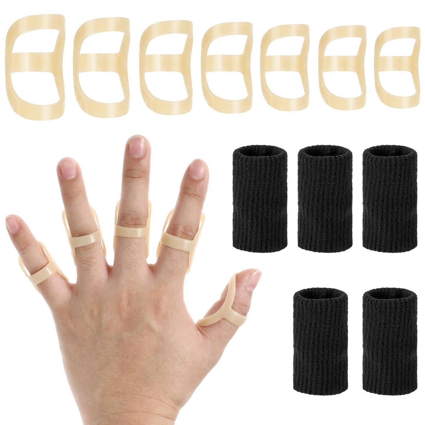 COMNICO 12Pcs Oval Finger Splints & Sleeves Kit, 7pcs Different Sizes Finger Splint Brace＋5pcs Knitted Finger Covers for Trigger Mallet Arthritis Straightening Finger Brace Support for Thumb