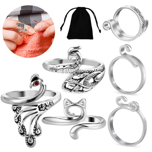 Sibba Crochet Notions Ring Finger Tension Crocheting Yarn Knitting Portable Adjustable Braided Loops Thimbles Woven Handmade Arts DIY Crafts Guide Line Wire Beads Beaded(Silver Peacock Style,6 PCS)