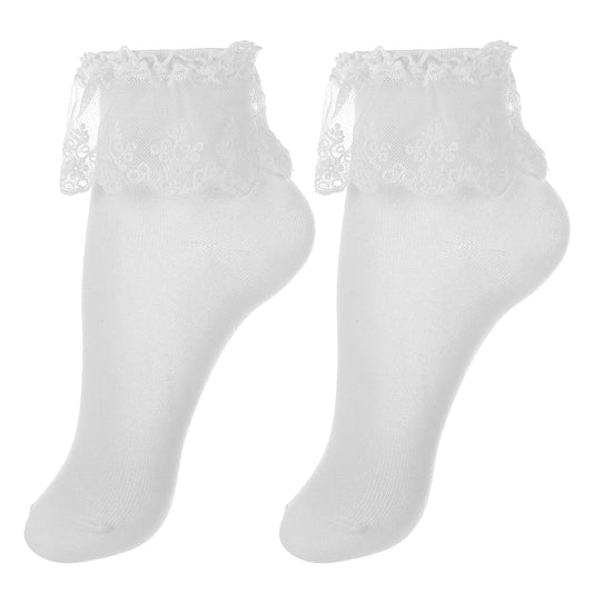 Sibba Ankle Lace Long Socks 1 Pair Vintage Frilly Ruffle Boot Clothing Kawaii Mesh Floral Halloween Easter Party Cosplay Hosiery Womens Teen Girls (White)