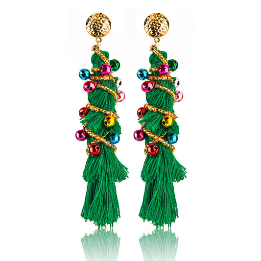 Sibba 1 Pair Christmas Tree Tassel Dangle Drop Bohemian Beaded Earrings with Snow Studs Twined Colored Bell Earring Christmas Decoration Accessories for Women Girls