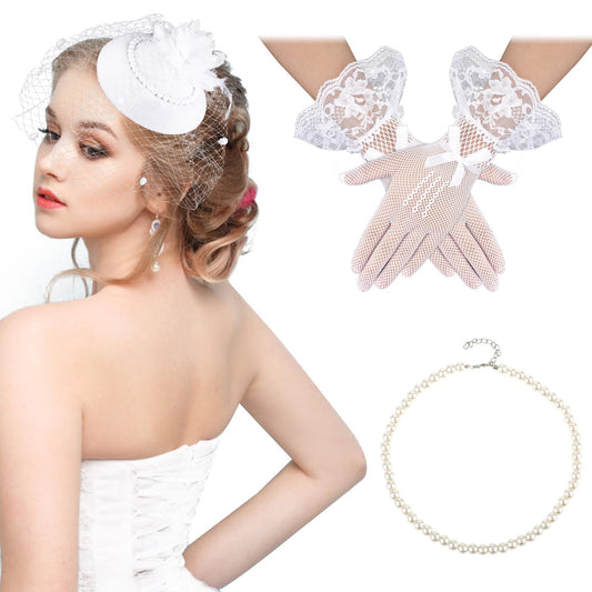 Sibba 3 Pieces Fascinator Hat for Women Tea Party Feather Headband with Veil Feather Funeral Headpiece Lace Gloves Pearl Necklace Derby Hat Headwear for Wedding Cocktail Mardi Gras