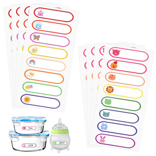 Dimeho 64 Pcs Name Tag Labels Waterproof Write-On Bottle Labels for Daycare Self-Laminating Adhesive Name Badge Stickers Assorted Pattern for School Office Family Themed Party