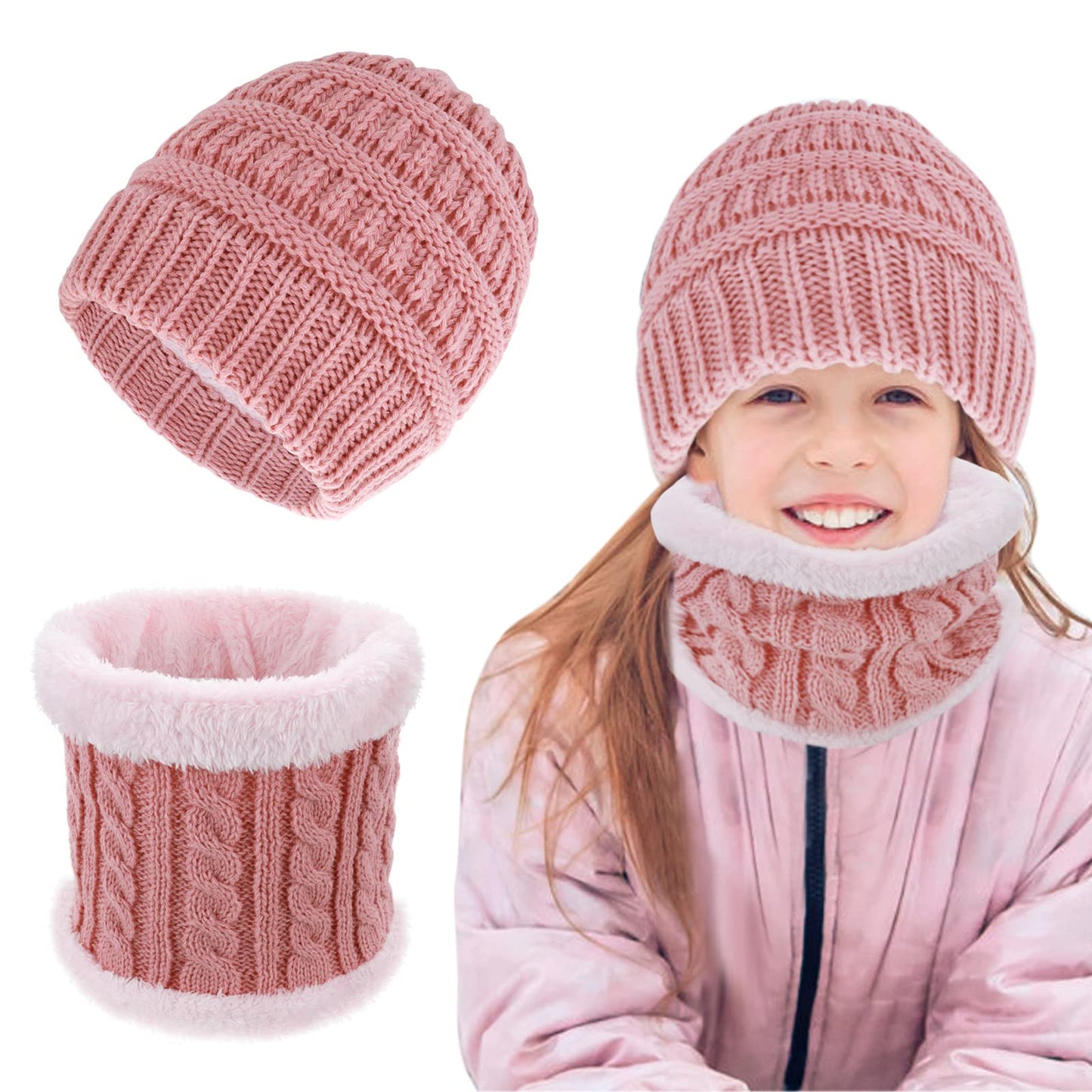 WLLHYF Fleece Lined 2 Pieces Kids Beanie Knit Hat Scarf Set, Pink, One Size