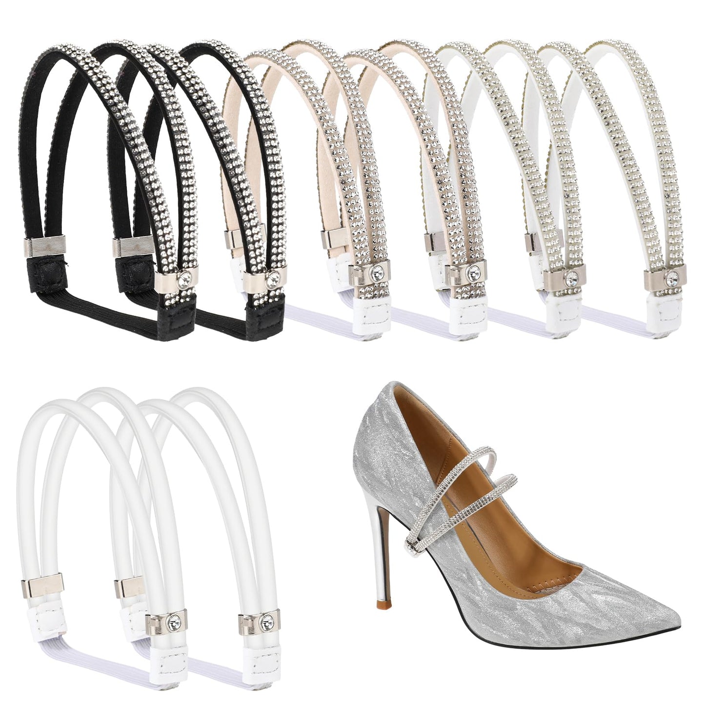 COMNICO High Heels Shoe Straps, 4 Pairs Rhinestone Shoe Lace Elastic High Heels Shoe Straps 4 Styles Detachable Shoe Straps for Loose Shoes Anti-Loose Shoe Straps for High Heels Sandals Slippers