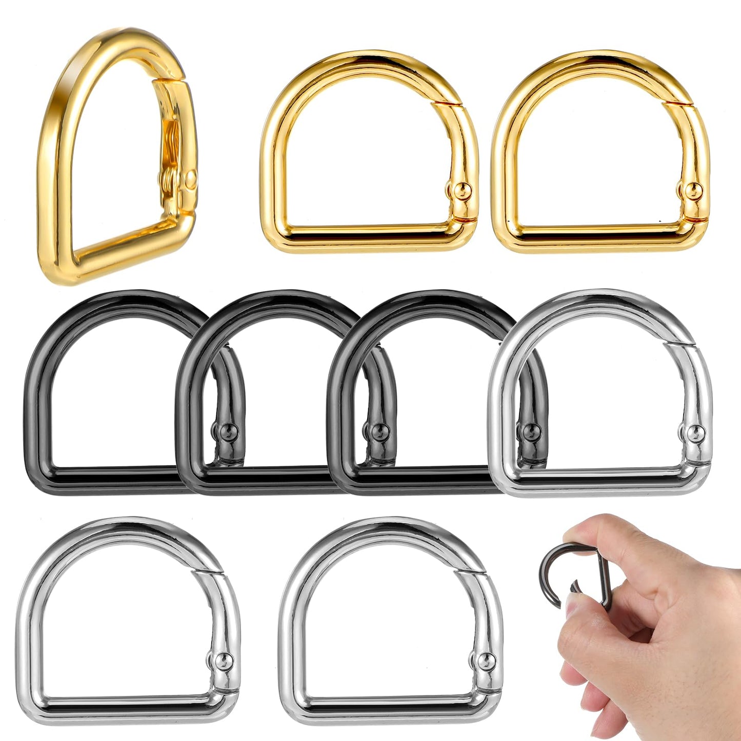 COMNICO D-ring spring key hook, 9-piece carabiner key ring clip buckles, metal carabiner ring spring locking clamps, semicircle spring carabiner hook for DIY belts, backpacks, handbags, Gold, silver,