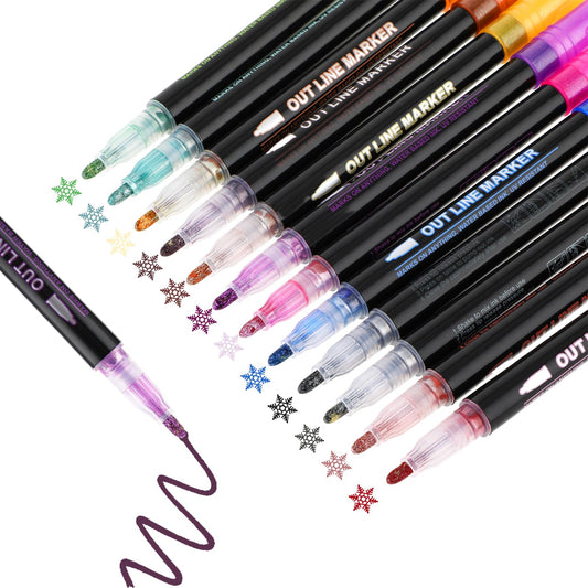 Sibba Metallic Markers 12 PCS Outline Double Line Drawing Shimmer Pens Set Calligraphy Hand Writing Painting Color Changing Sketch Paint Paper Glitter Tips Pen Art Supplies Signature Note Taking