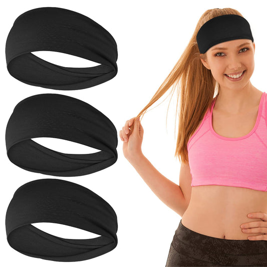 WLLHYF 3 Pcs Yoga Headbands Stretch Head Band Non-Slip Head Wraps Soft Cotton Fabric Sweat Hairbands Workout Pilates Running Sport Headband for Women Girls (Black)
