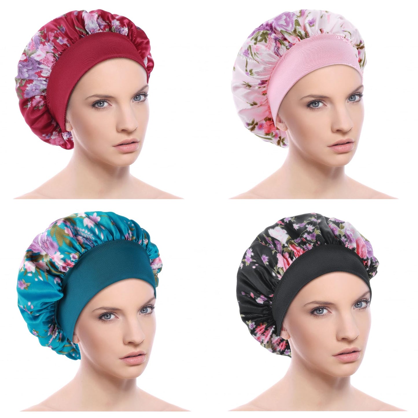 Shower Caps, 4 Pcs Waterproof Shower Cap, Reusable Large Shower Cap for Women Elastic Band Hair Cap Double Protection Layers Bath Hair Hat for Ladies Spa Salon for Hair Care