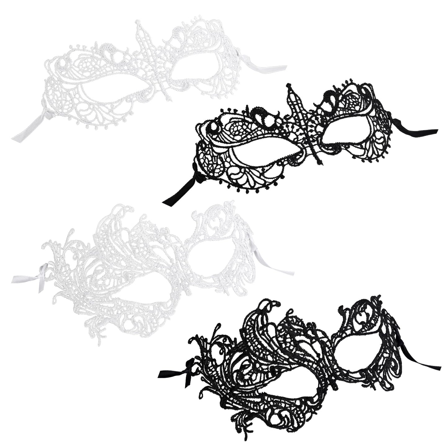 COMNICO 4PCS Halloween Masquerade Mask for Women, Nylon Lace Eye Mask for Ball Proms and Carnival Venetian Masquerade Party (White + Black)