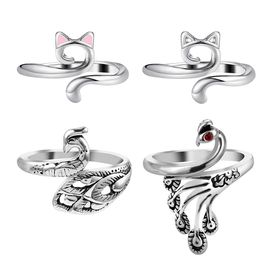 Dimeho 4 Pack Adjustable Knitting Rings Crochet Finger Loop Yarn Guide Holder Peacock Cat Weaving Hook Braided Open Thimble for DIY Craft Accessories Women Mother Grandma Thanksgiving Presents