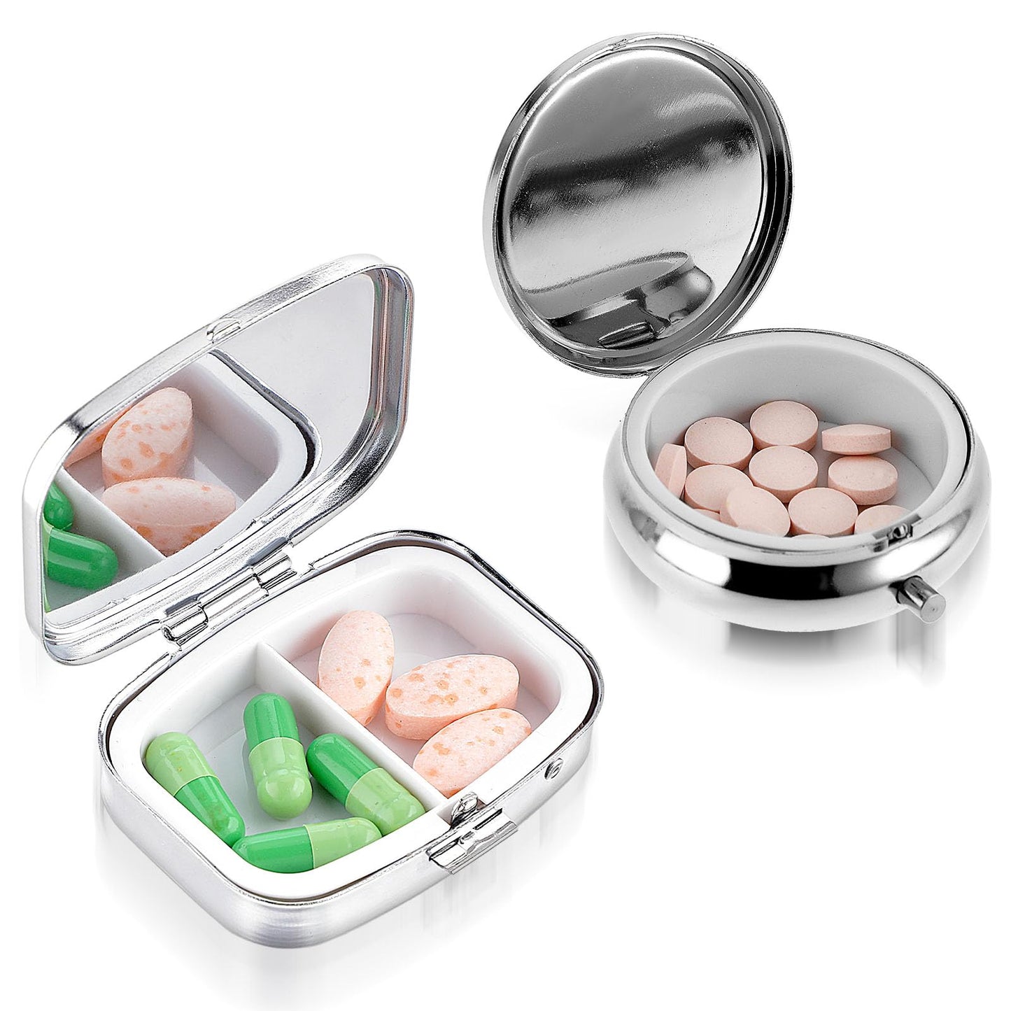 2PCS Pill Case Portable Medicine Box with Mirror Travel Pill Organizer for Pocket Purse Daily Small Vitamin Organizer Metal Pill Container Holder to Hold Medication Fish Oil Supplements