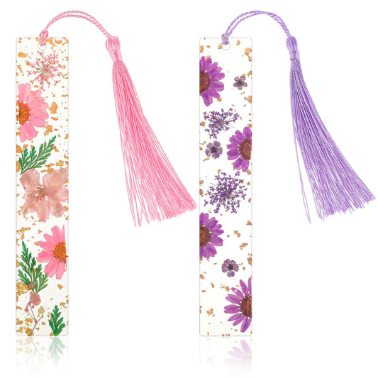 Dimeho 2 Pcs Pressed Flower Bookmarks Clear Resin Book Marks with Tassels Cute Dried Floral Book Marker Handmade Marking Reading Accessories Gift for Book Lovers Bookworms Women