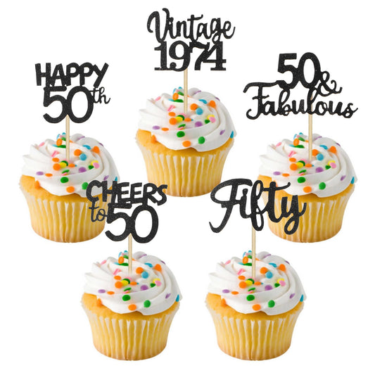 Sibba 30 Pcs Happy 50th Birthday Cupcake Toppers Glitter Cake Picks Black Card Toppers for 50th Birthday Wedding Anniversary Party Supplies for Frosting Icing Decor Baking