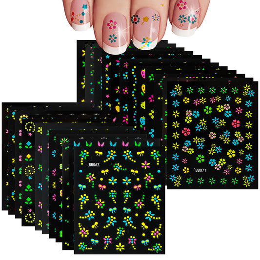 Sibba 24 Sheets Flower Nail Art Stickers, 3D Flower Self-Adhesive Nail Stickers Decals, Embossed Cute Floral Nail Stickers Decals, Colorful & Ins Style Nail Art Supplies for Women Manicure Decoration