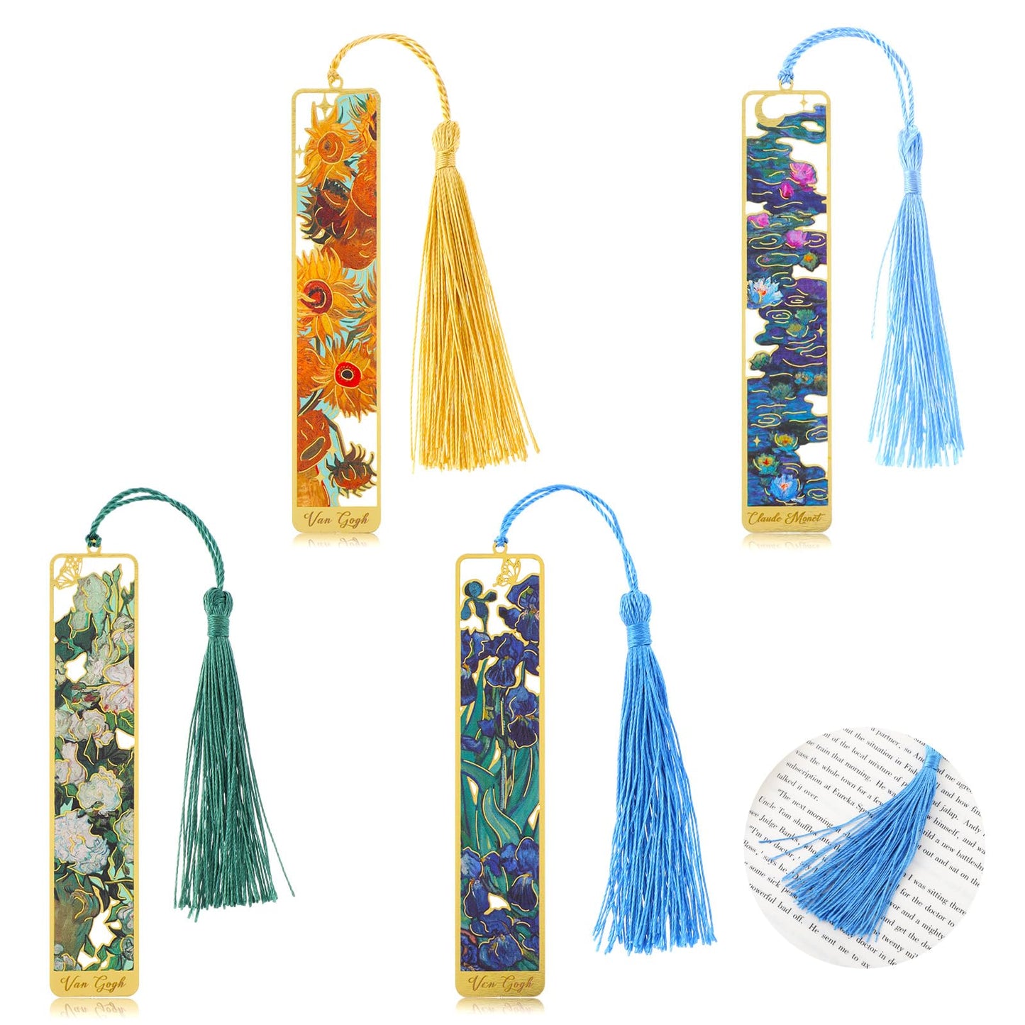 Dimeho 4 Pcs Resin Bookmarks Gilt Handmade Bookmarks with Metal Tassels Durable Cute Book Marker Accessories Gift for Students Bookworms Increase Reading Interest School Office