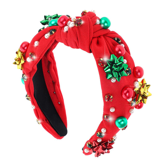COMNICO Christmas Headband, 1Pcs Knotted Headband for Women Red Green Pearl Rhinestone Crystal Jeweled Hairband Elegant Ladies Wide Knot Head Band Headpieces Hair Accessories Christmas Party Costume