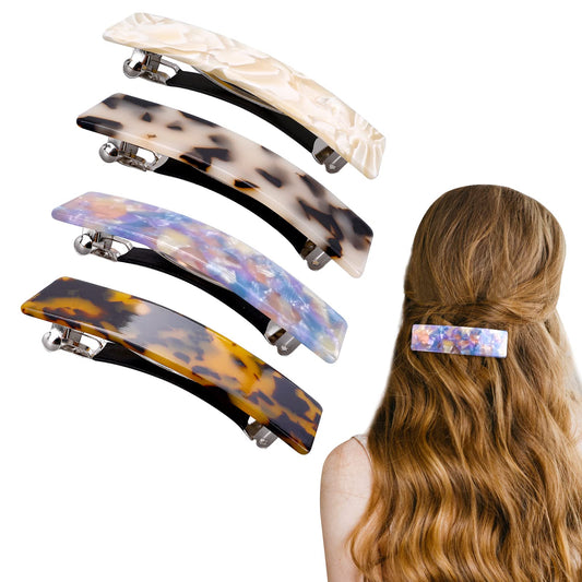 Sibba 4 Pcs Hair Barrettes Retro Automatic Clamp Rectangle Snap Hair Clip French Hair Barrette Tortoise Shell Celluloid Hair Pins Large Elegant Exquisite Clips for Women Fine Medium Thick Hair Style